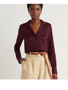 Quince washable Silk Women's Button-Down large Blouse / top  notch collar Berry